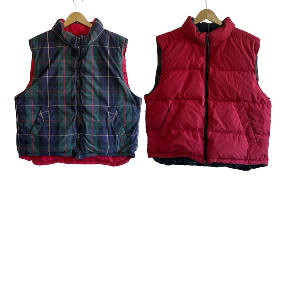 Vintage Eddie‎ Bauer Large Plaid Reversible Goose Down Insulated Vest Green Red